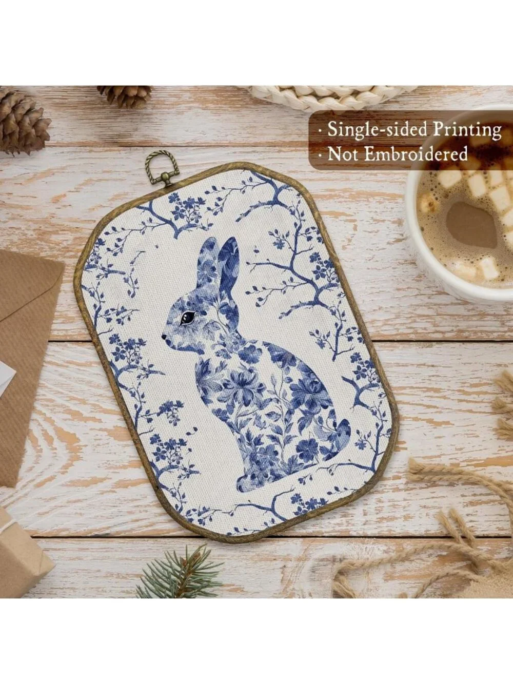 Vintage Chinoiserie Bunny Wall Art Decor | Blue & White Floral Canvas Print
